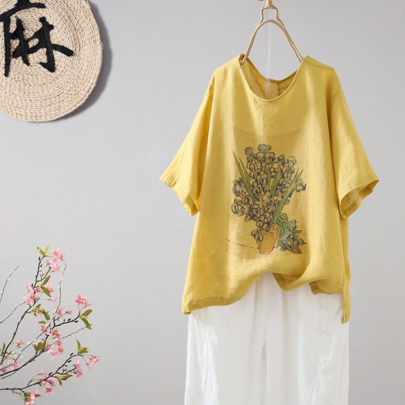 夏季新款复古圆领印花纯亚麻套头短袖t恤女宽松百搭显瘦小衫上衣
