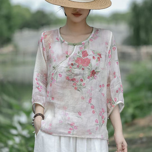 文艺复古圆领绣花斜襟盘扣苎麻衬衫女休闲宽松套头小衫五分袖上衣