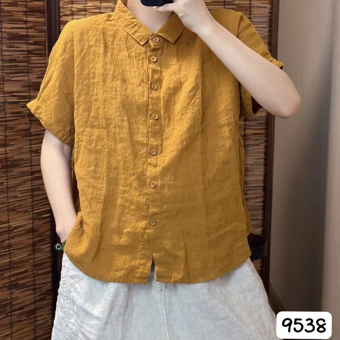 纯色100亚麻衬衫女小衫短袖上衣