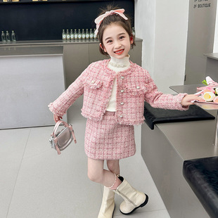 女童毛边小香风套装秋冬款2025新款儿童韩版时尚小女孩加厚两件套