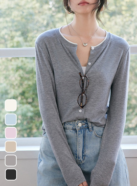 LEGSILK 春夏天丝羊毛撞色圆领开衫女士莱赛尔百搭长袖上衣针织衫