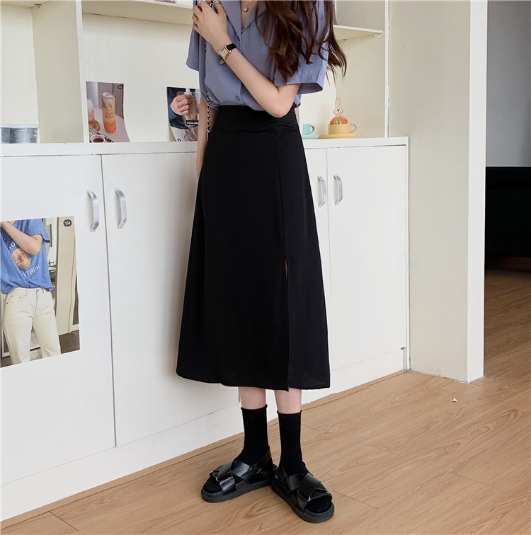 Real shot 2021 new simple high waist versatile side split mid length buttock skirt