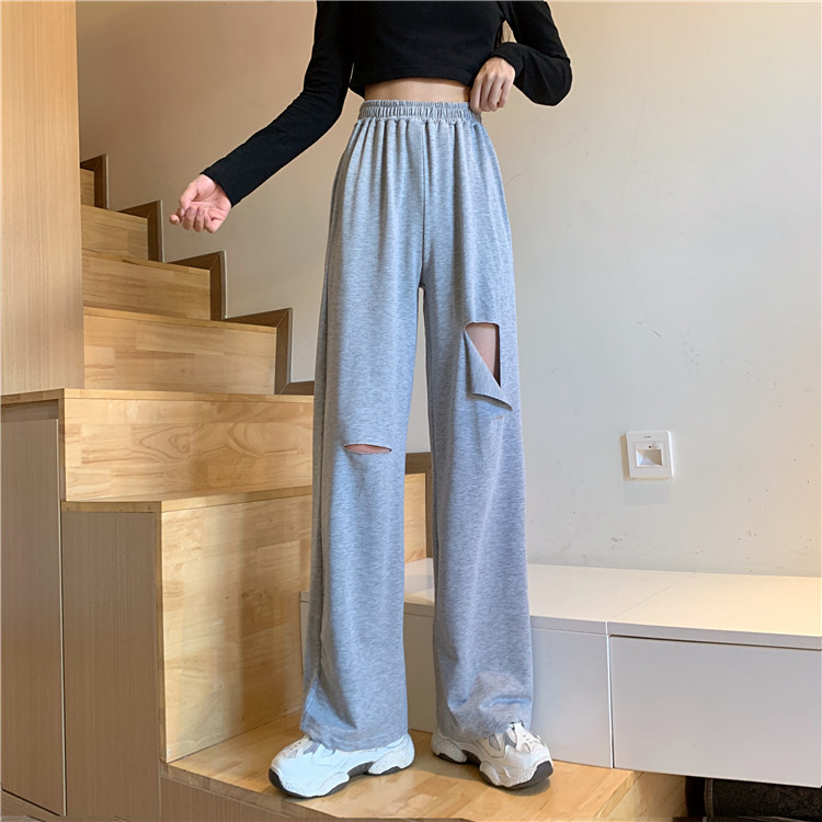 Real shot hole casual pants high waist and thin straight pants elastic versatile wide leg pants