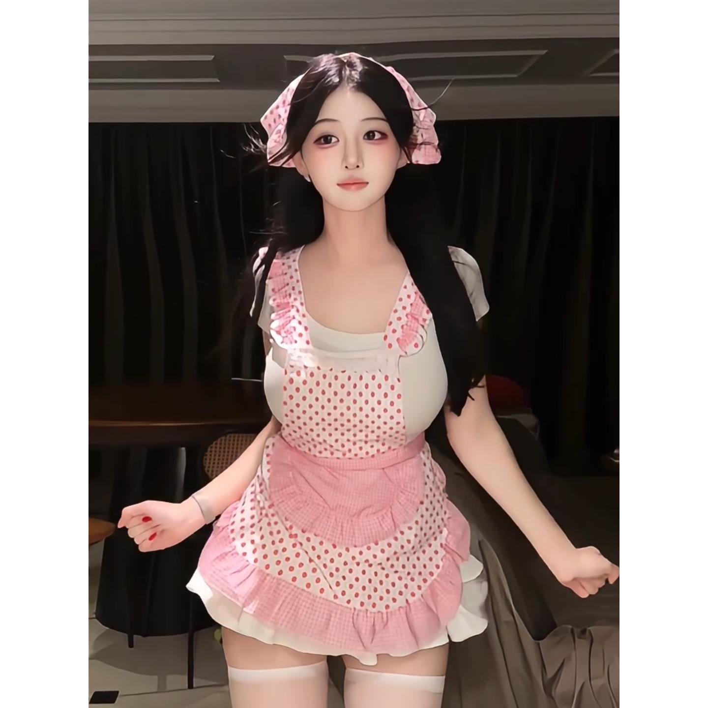 辣妹复古性感小厨娘女仆制服套装夏季纯欲波点围裙+内搭T恤半身裙