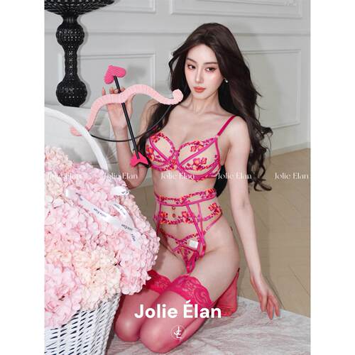 JolieElan·甜心芭比·性感蕾丝透视网纱刺绣水钻链条内衣套装