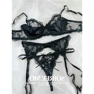 Soiree Mo 专属* 黑色缎面拼接刺绣蕾丝 蝴蝶结性感文胸套装