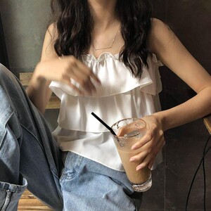 法式荷叶边甜美吊带背心女短款小个子春夏韩系学生系带上衣ins潮