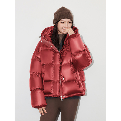 红色鹅绒羽绒服女款加厚连帽外套