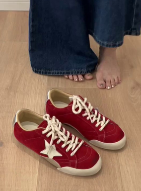 平底红色德训鞋女2025新款夏秋休闲运动做旧脏脏鞋星星板鞋阿甘鞋