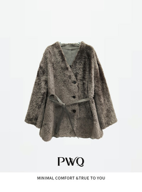 【潘文青补贴】中长款V领系带款皮毛一体皮外套 52283