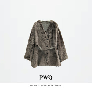 【潘文青补贴】中长款V领系带款皮毛一体皮外套 52283