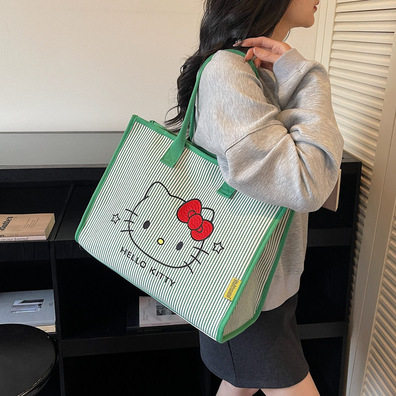 卡通KT猫托特包女大容量购物袋帆布单肩手提包时尚条纹轻便妈咪包