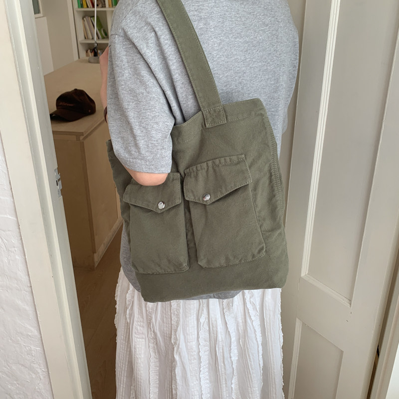 复古军绿色多口袋帆布托特包女2026新款百搭购物袋通勤单肩妈咪包,箱包皮具/热销女包/男包,通用款女包,淘宝优惠券,粉丝福利购,淘宝优惠卷