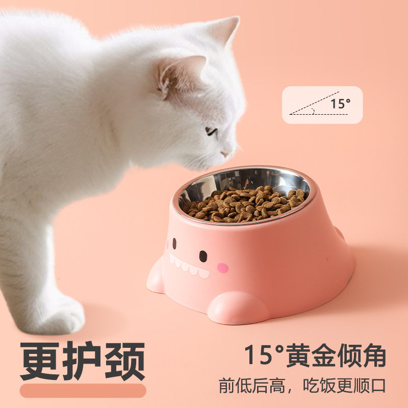 工厂宠物碗不锈钢猫咪斜口护颈饮水碗高脚单碗猫碗防滑防打翻食具