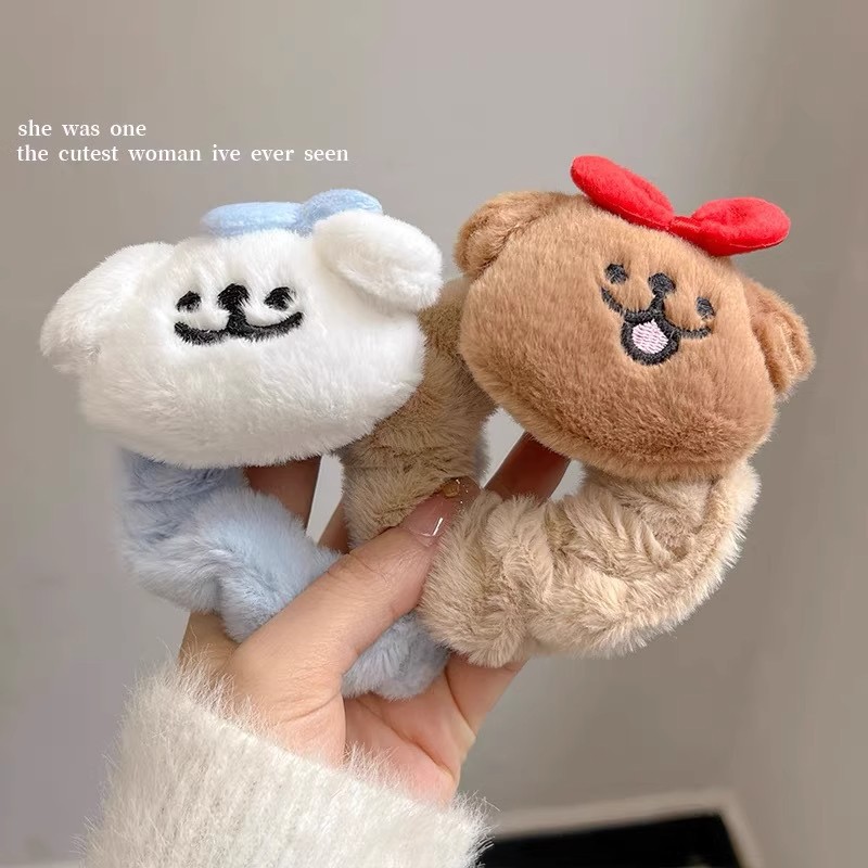 蓝棕线条小狗蝴蝶结发圈毛绒高低马尾头绳不伤发扎皮筋发绳发饰品