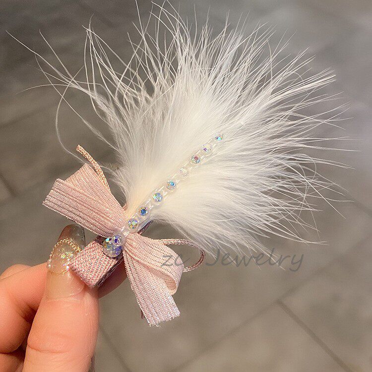 氛围感超仙羽毛蝴蝶结边夹女甜美森系闪钻侧边碎发夹新款发卡发饰