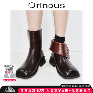 复古真皮圆头粗跟可翻边中筒靴女骑士靴 Orinous设计师品牌新款