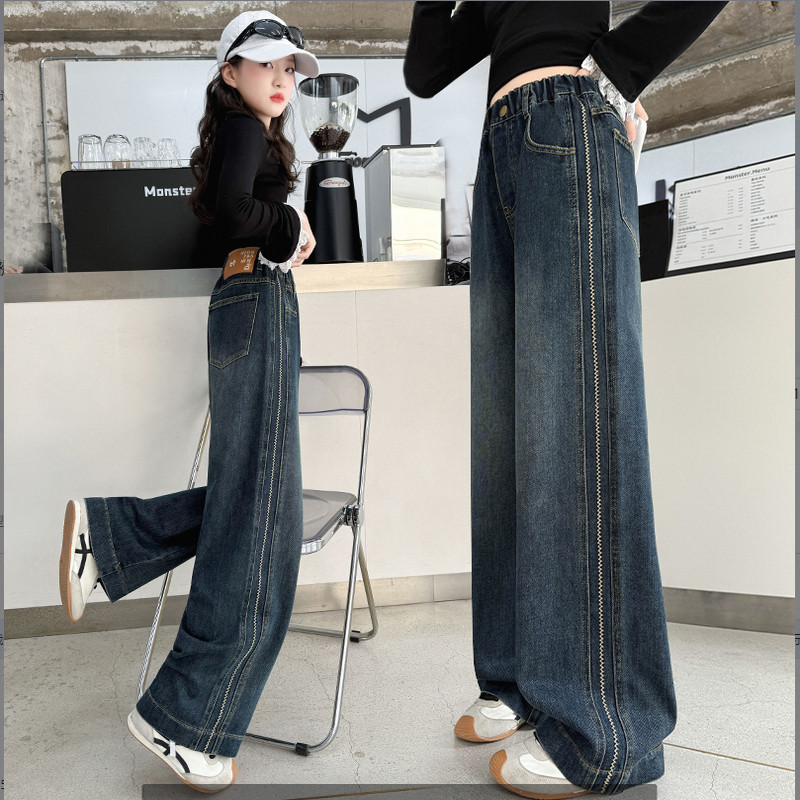 女童秋装牛仔裤2025新款中大儿童韩版洋气宽松直筒加绒休闲阔腿裤