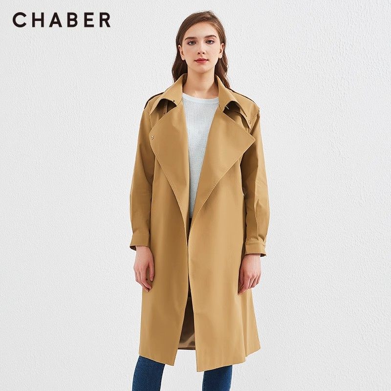 chaber巧帛秋季新品复古腰带收腰显瘦大衣西装领女长款风衣外套