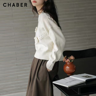 chaber巧帛春季新品花朵毛衣简约圆领长袖套头绣花针织衫女