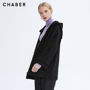 chaber翻领呢子牛角中长款包邮通勤巧帛女秋冬季长袖V领纯色毛呢
