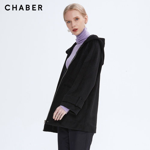 chaber翻领呢子牛角中长款包邮通勤巧帛女秋冬季长袖V领纯色毛呢