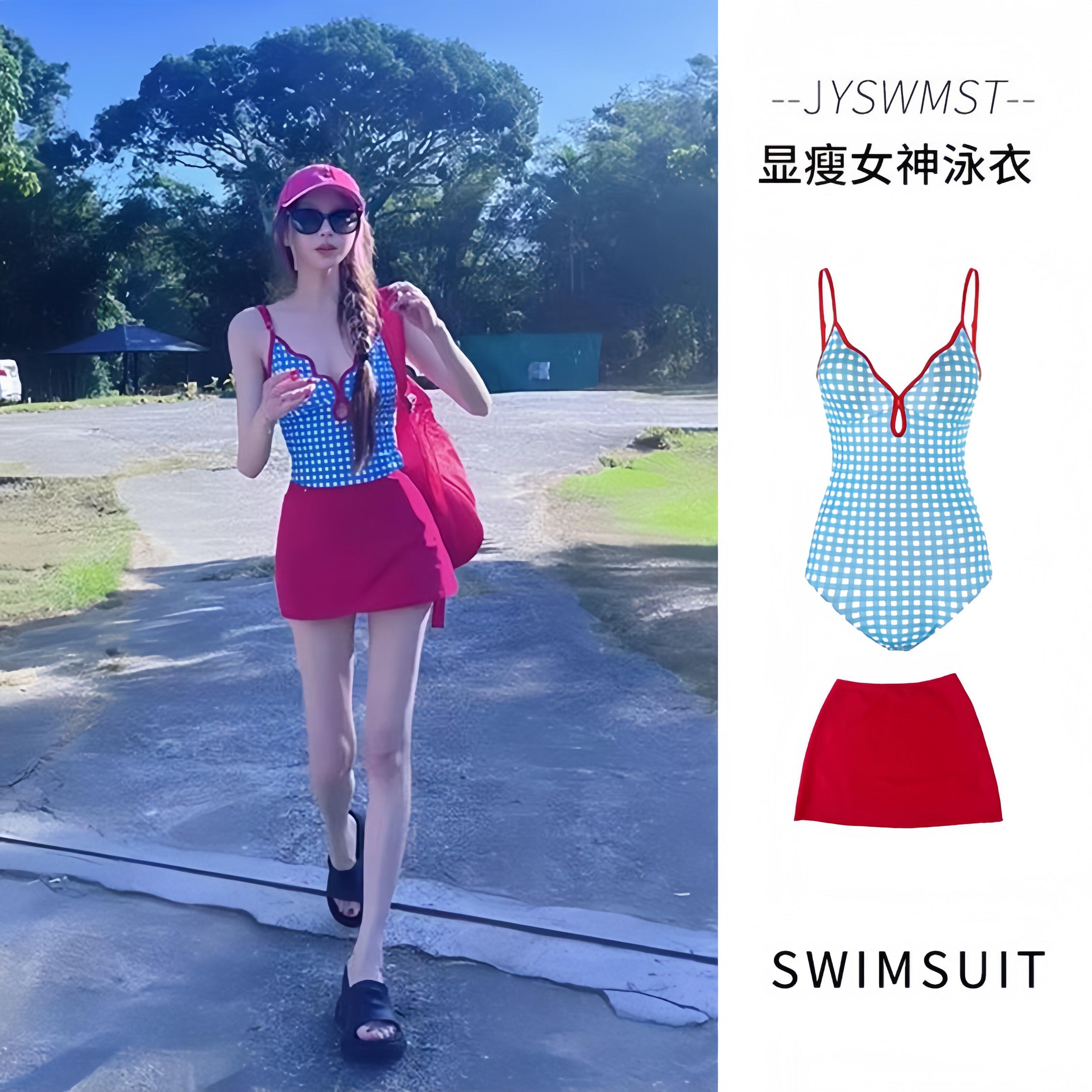 靠海复古格子后背绑带连体泳衣
