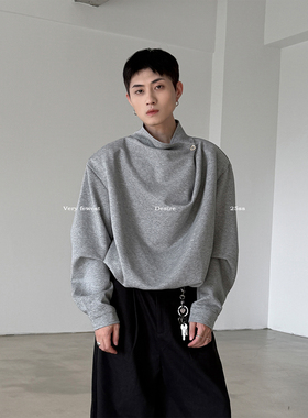 VERY FEWEST 小众堆叠单粒扣廓形卫衣中性设计感垫肩慵懒立领上衣