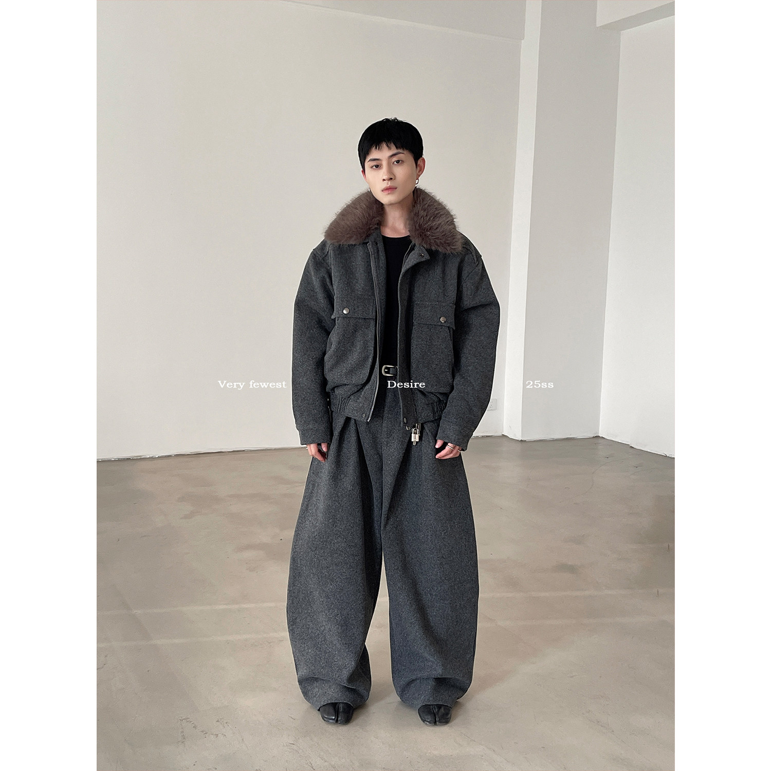 老钱可拆卸毛领夹棉短款夹克套装