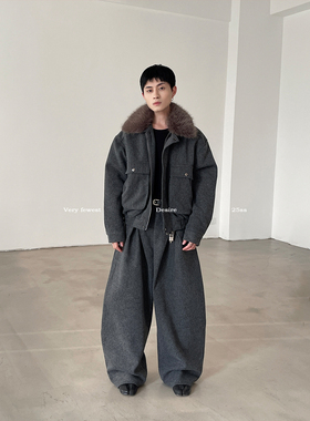 VERY FEWEST 老钱风可拆卸毛领夹棉短款夹克+廓形弯刀毛呢西裤