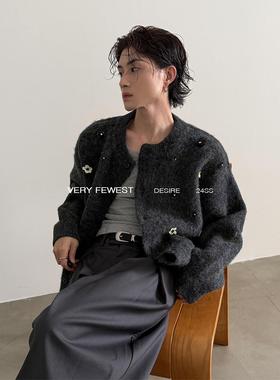 VERY FEWEST 高级感手工钉珠小花朵毛衣开衫男女款宽松慵懒针织衫