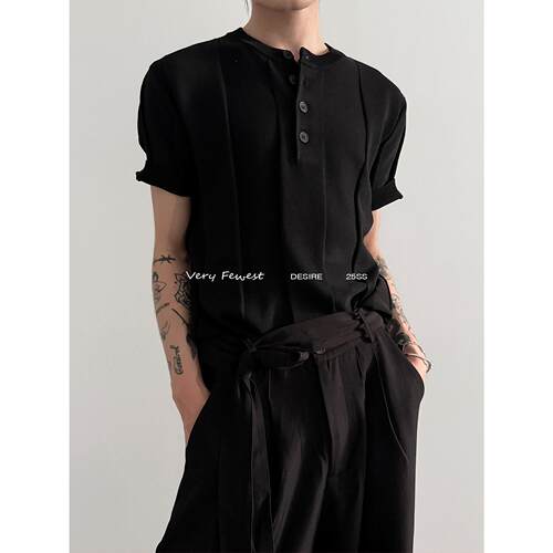 美式Vintage亨利领短袖针织衫