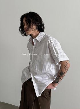 VERY FEWEST 兼具时尚与通勤撞色竖条纹短袖衬衫中性短款慵懒上衣