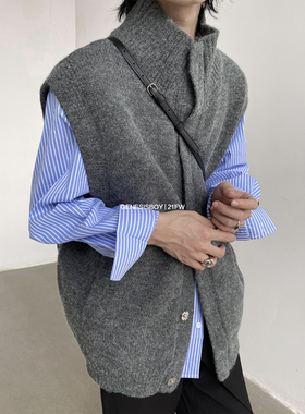 GENESISBOY 高级简约纯色高领针织马甲男秋冬韩版开衫背心毛衣潮