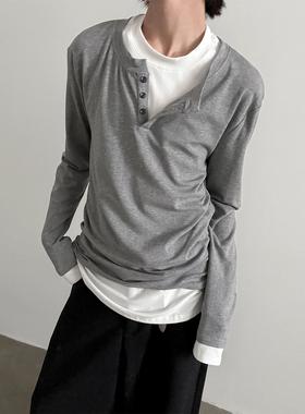 VERY FEWEST 小众时髦撞色长袖T恤男女高级感亨利领假两件打底衫