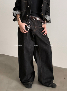 VERY FEWEST 复古美式Vintage前插口袋丹宁原色廓形牛仔裤男女款