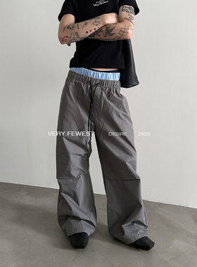 VERY FEWEST 街头计划灰色打褶宽松休闲裤慵懒拼接双腰头拖地裤