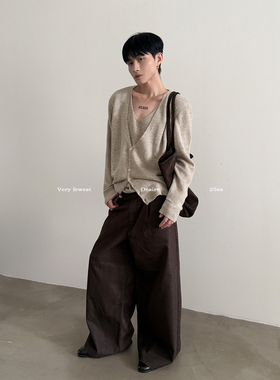 VERY FEWEST 羊毛混纺Vintage松弛感假两件针织衫中性风V领毛衣