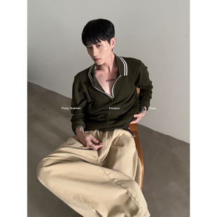 针织衫 VERY 秋慵懒麻花长袖 复古vintage半开襟撞色POLO衫 FEWEST