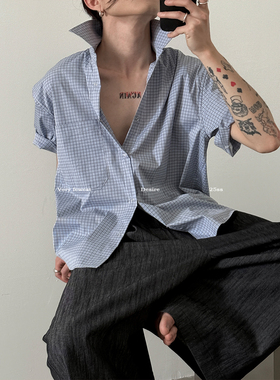 VERY FEWEST 氛围感纽扣短款翻领格子短袖衬衫高级松弛宽松上衣