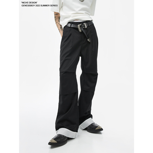 GENESISBOY 小众设计膝盖打褶宽松微喇叭西裤ins无性别翻边休闲裤