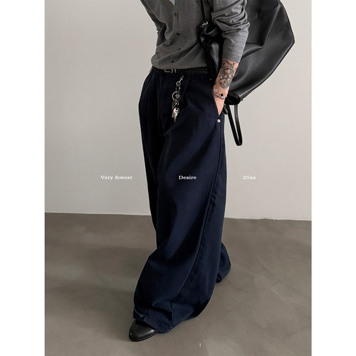 重磅复古深蓝水洗灯笼阔腿牛仔裤