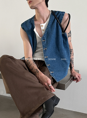 VERY FEWEST 法式优雅复古叠穿V领牛仔马甲设计感洗水坎肩背心