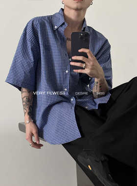 VERY FEWEST 美式休闲复古蓝色格子廓形短袖衬衫男夏季松弛感上衣