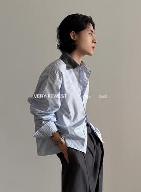 VERY FEWEST 时髦设计感螺纹领拼接条纹短款长袖衬衫松弛感衬衣