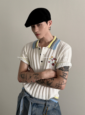 VERY FEWEST vintage坑条纹花朵刺绣POLO衫夏老钱撞色短袖针织衫