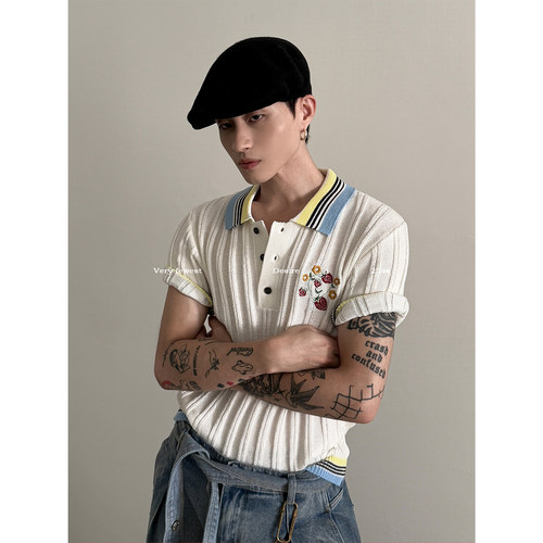 vintage坑条纹花朵刺绣POLO衫夏