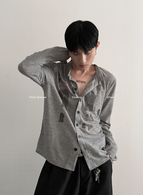 VERY FEWEST 美式复古印花Vintage立领长袖T恤慵懒宽松开衫体恤