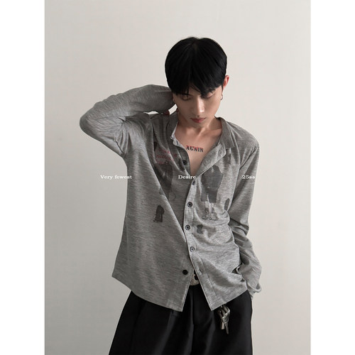 美式复古印花Vintage立领长袖T恤