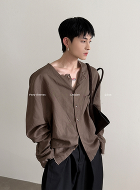 VERY FEWEST 自制莱塞尔亚麻水洗毛边长袖衬衫中性高级松弛感开衫